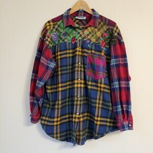 QPS Shirt Women Multicolor Flannel Embroidered Western Plaid Boho Cottage Core